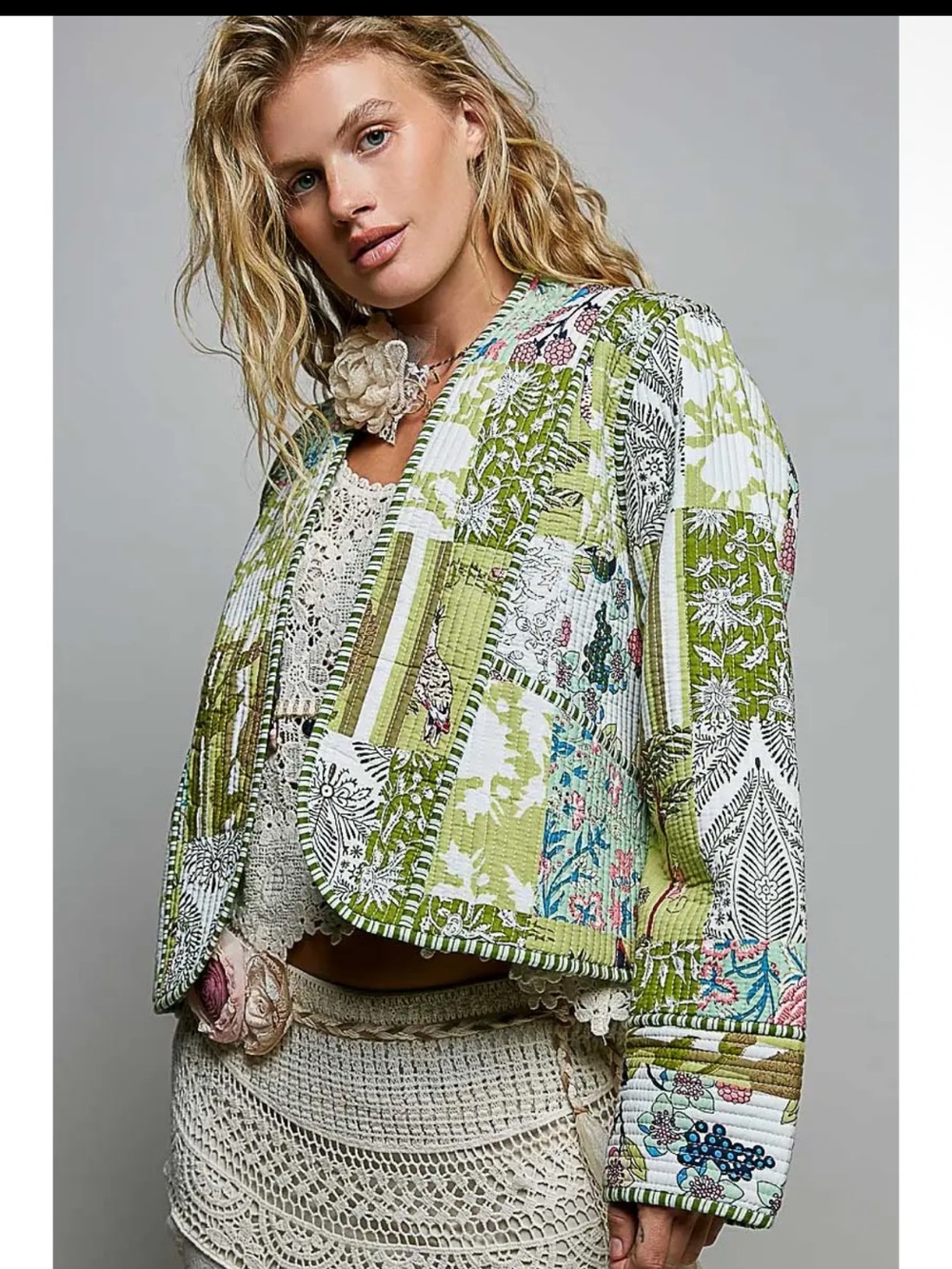 486. POL quilted lightweight contrast trim kimono jacket in green